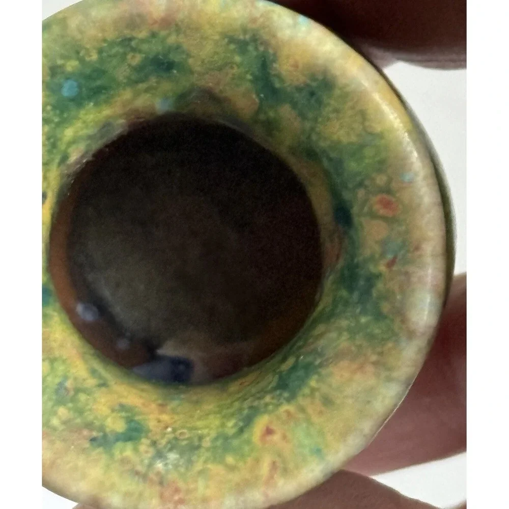 Vintage Studio Pottery Green Glaze With Multicolors‎ 2 Inch Initialed Vase